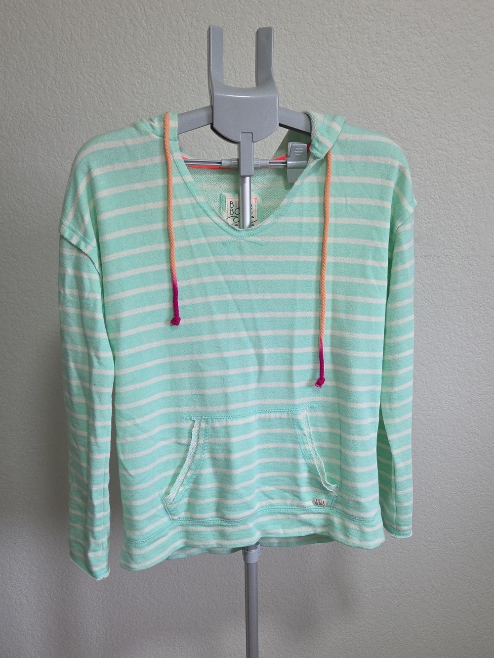 Blue Fish Mint and White Striped Hoodie with Peach-Pink Drawstrings